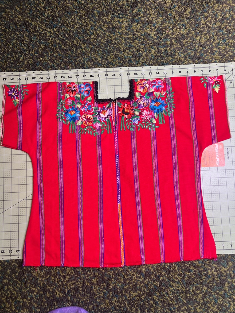 Hand-Embroidered Red Floral Huipil Top
